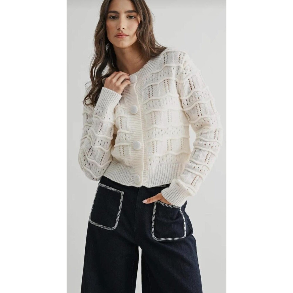 & Merci Cream Cropped Chunky Open Knit Cardigan Women’s Size S Wavy Pointelle